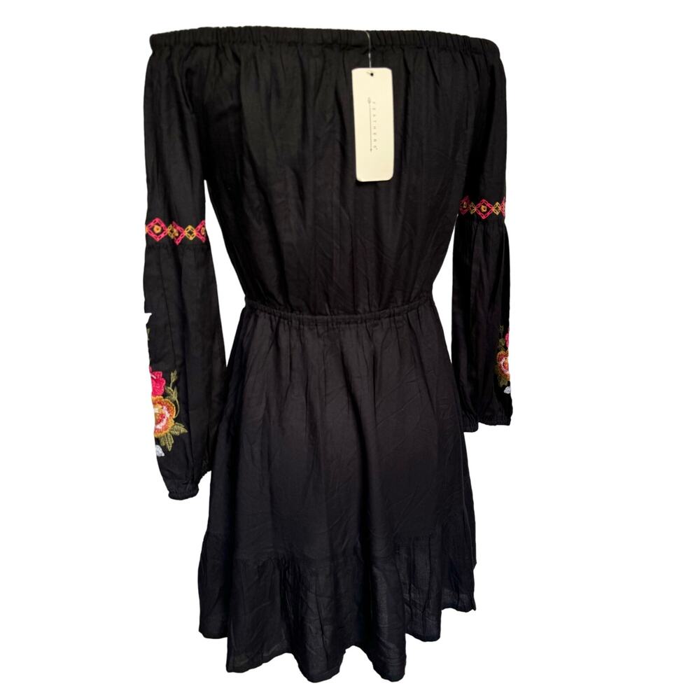 NWT Feathers Black Rayon Floral Embroidery Boho Long Sleeve Mini Dress Medium